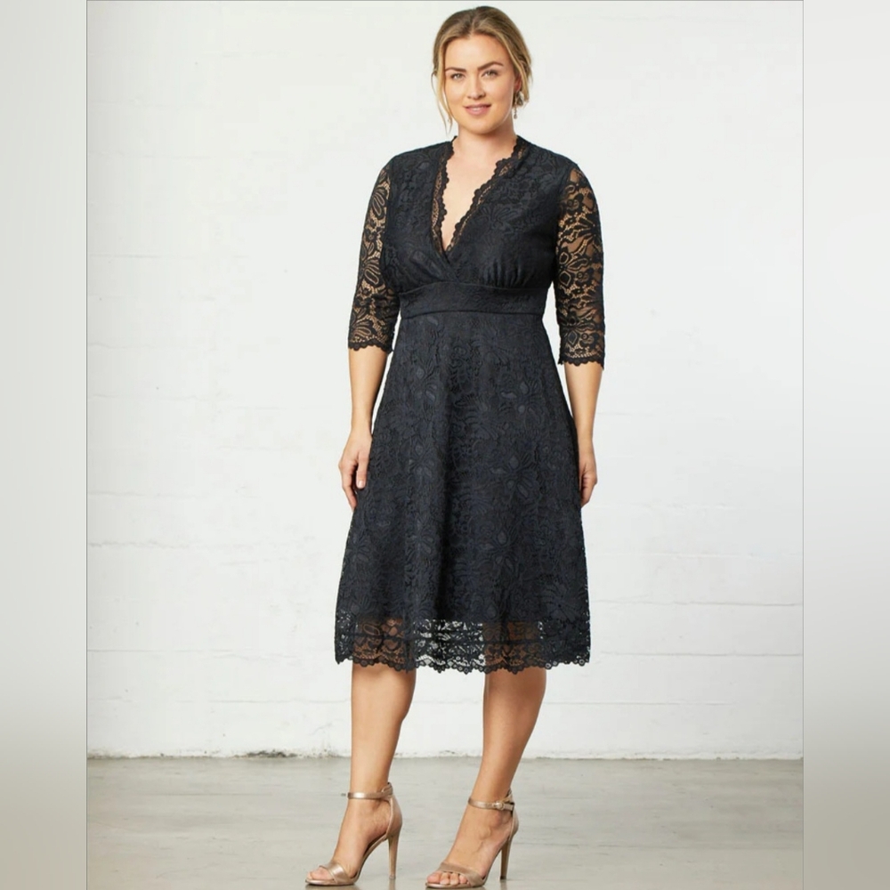 NWT NWOT Kiyonna Womens Mademoiselle Black Lace 3/4 Sleeve Midi Dress L LARGE